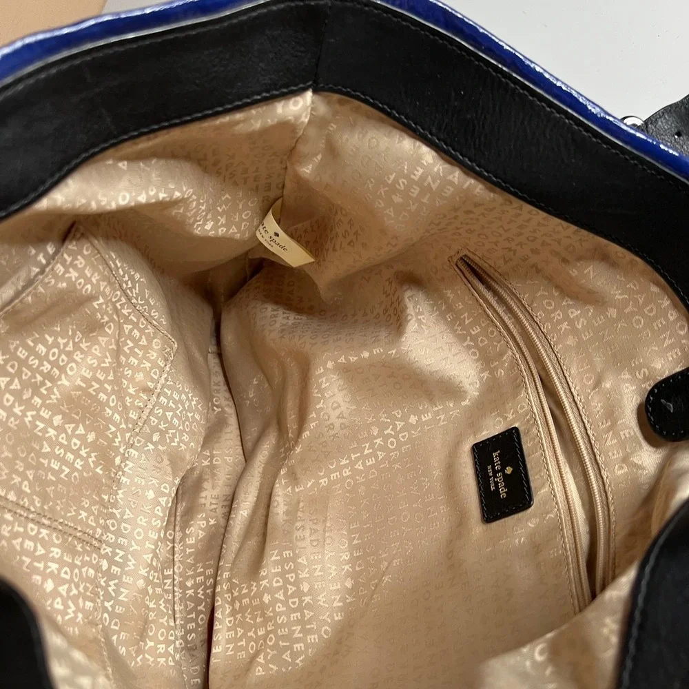 Kate Spade New York Blue Black Patent Leather Colorblock Tote Shoulder Bag